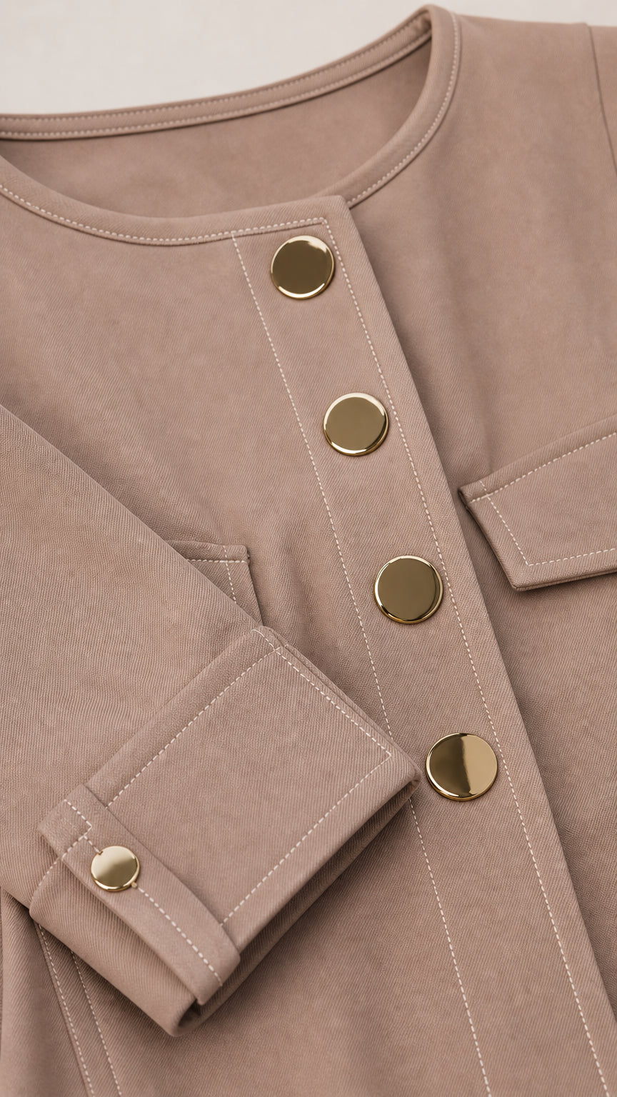Close up of taupe jacket fabric, metallic buttons, round neckline, and cuff detailing