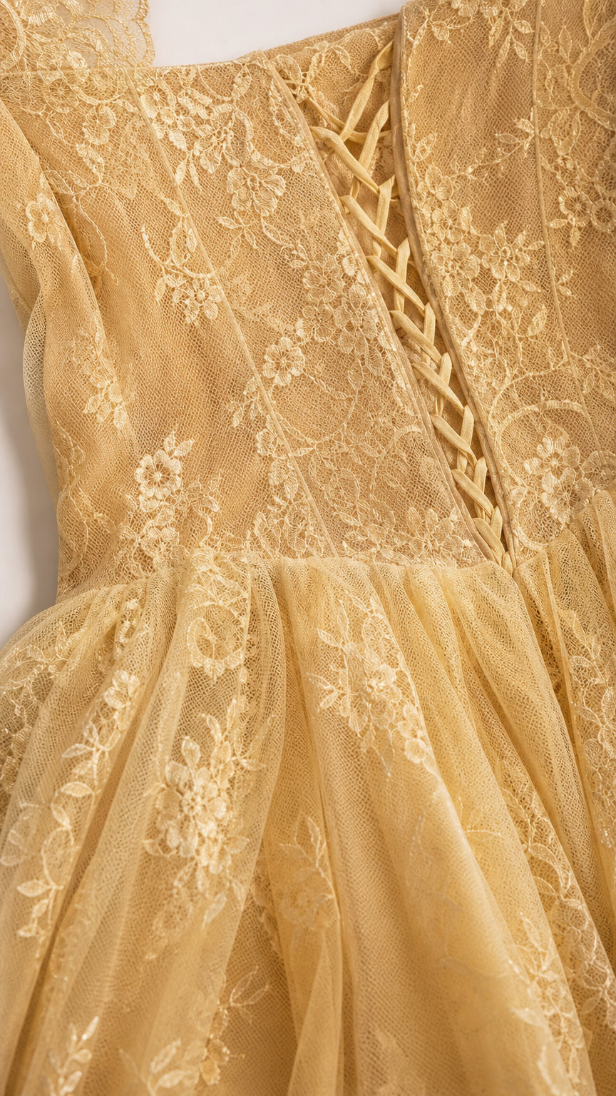 Close-up detail of lace bodice and corset lacing