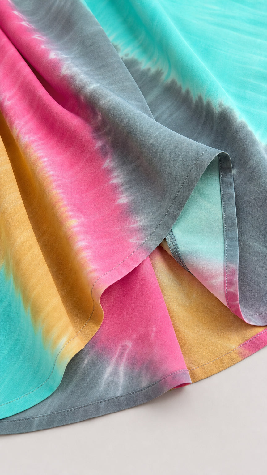Close-up detail of the smooth lightweight tie-dye fabric and hem