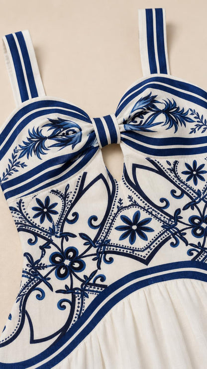Close-up detail of the bow front and patterned bodice