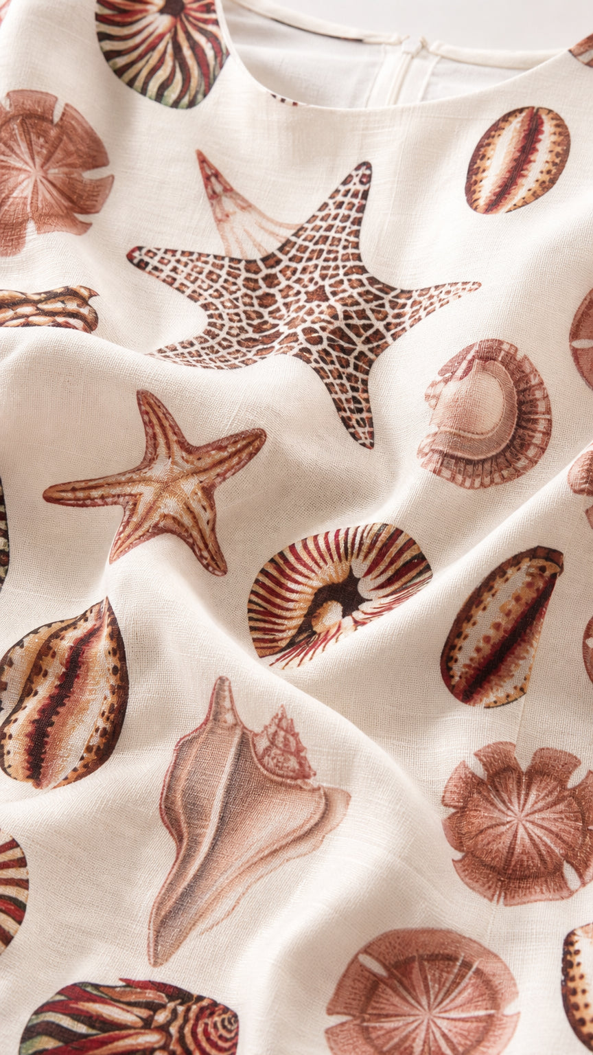 Close-up detail of the white fabric with seashell and starfish pattern