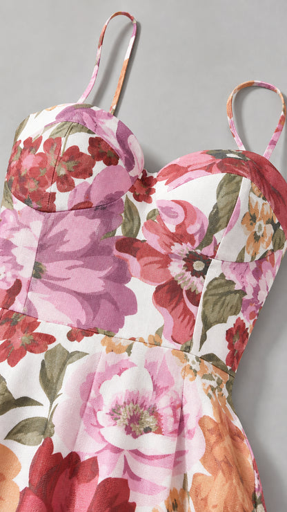 Close-up detail of sweetheart neckline and floral pattern fabric