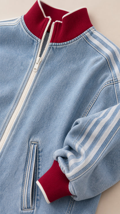 Close-up detail of Light Blue denim jacket collar and zipper