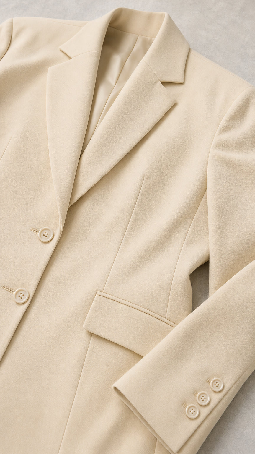 Close-up detail of cream blazer notched lapel, buttons, and sleeve cuff craftsmanship