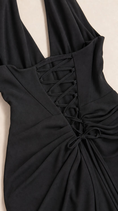Close-up of the back lace-up closure and draped waist