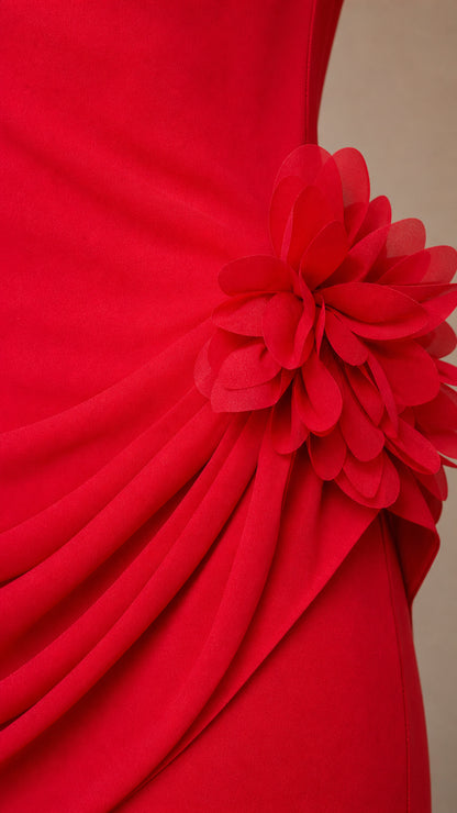 Close up of 3D fabric flower applique and draping detail