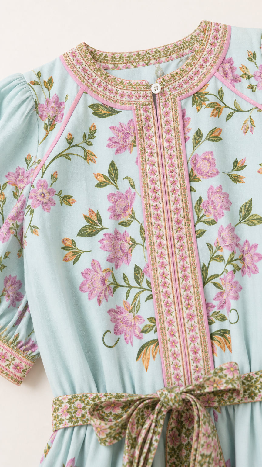 Close up of neckline, buttons, and floral print detail