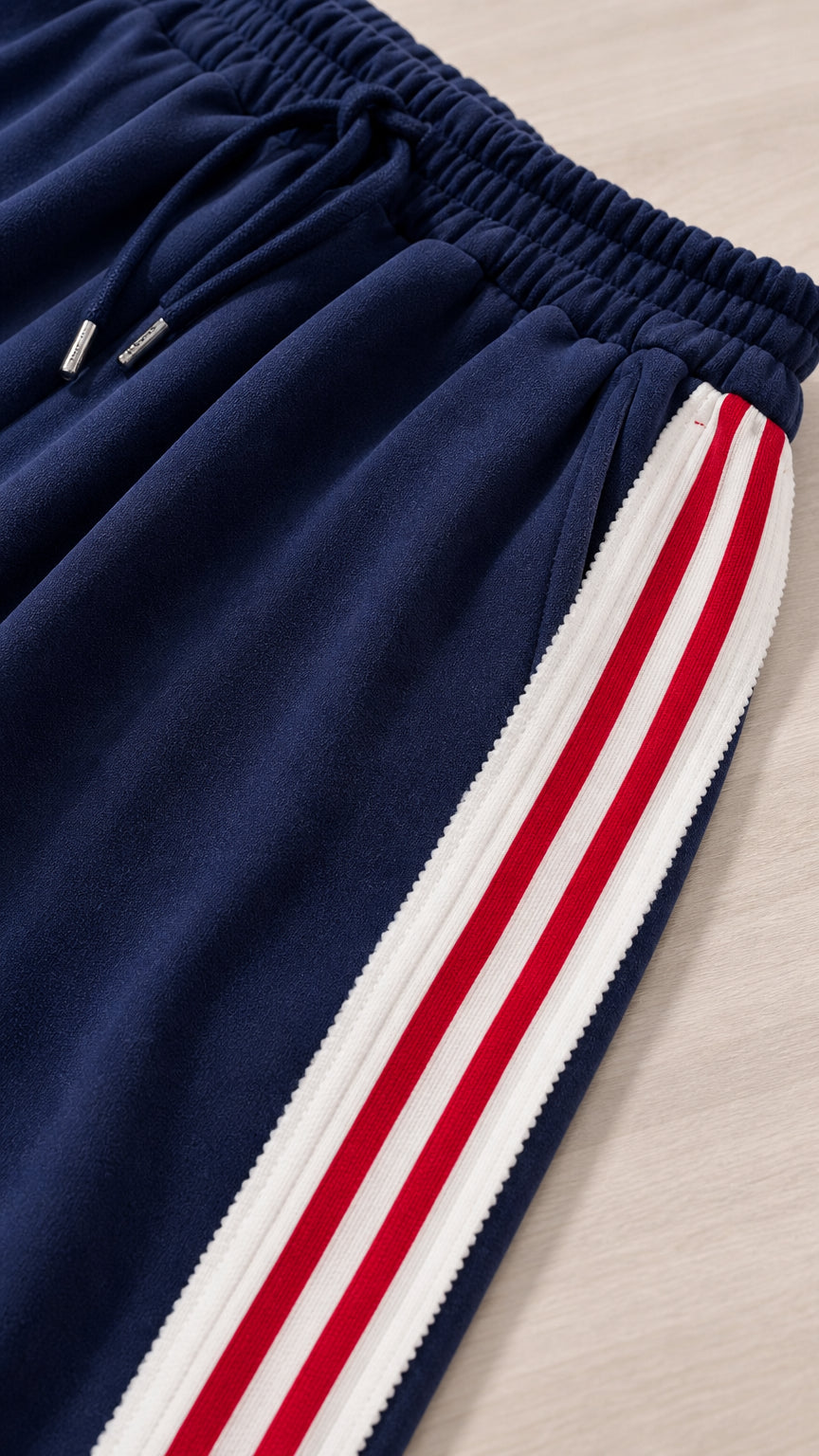 Close-up detail of Navy Blue sweatpants showing elastic waistband and striped side trim