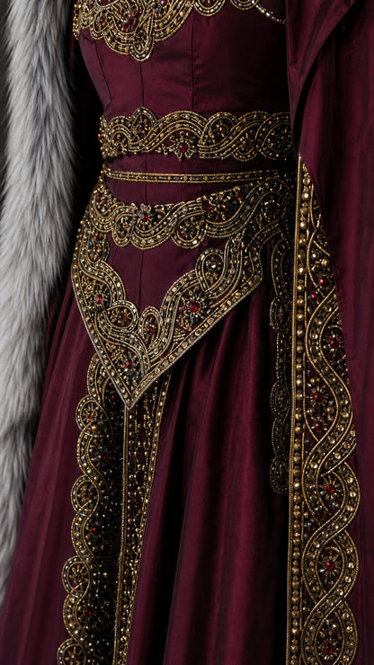 Close-up of the intricate gold embroidery and beading on the bodice