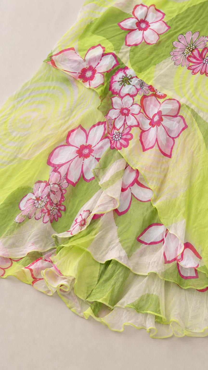Close-up of lightweight textured fabric and ruffle hem with floral print