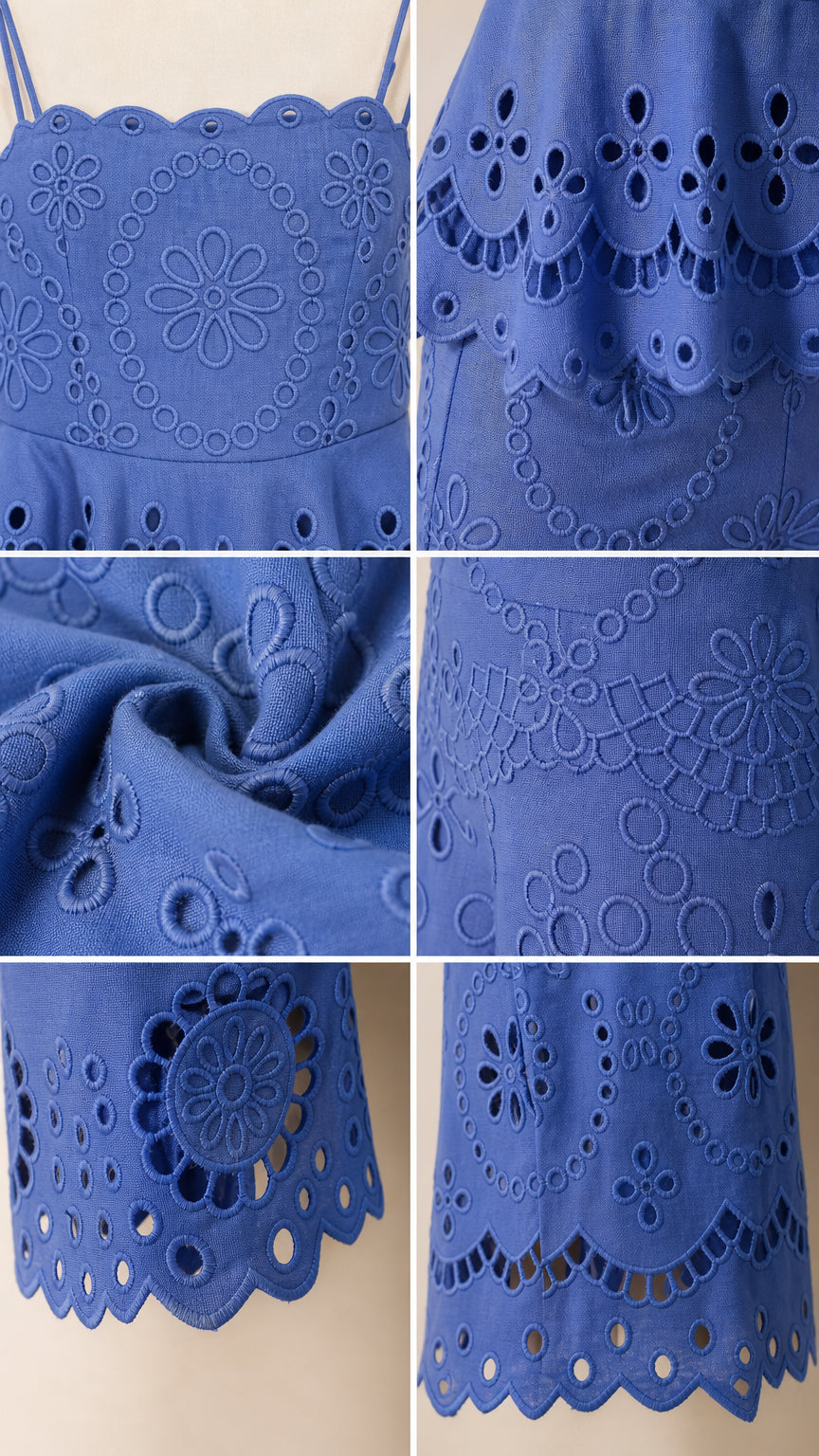 Close-up details of embroidery, fabric texture, and scalloped hem in blue