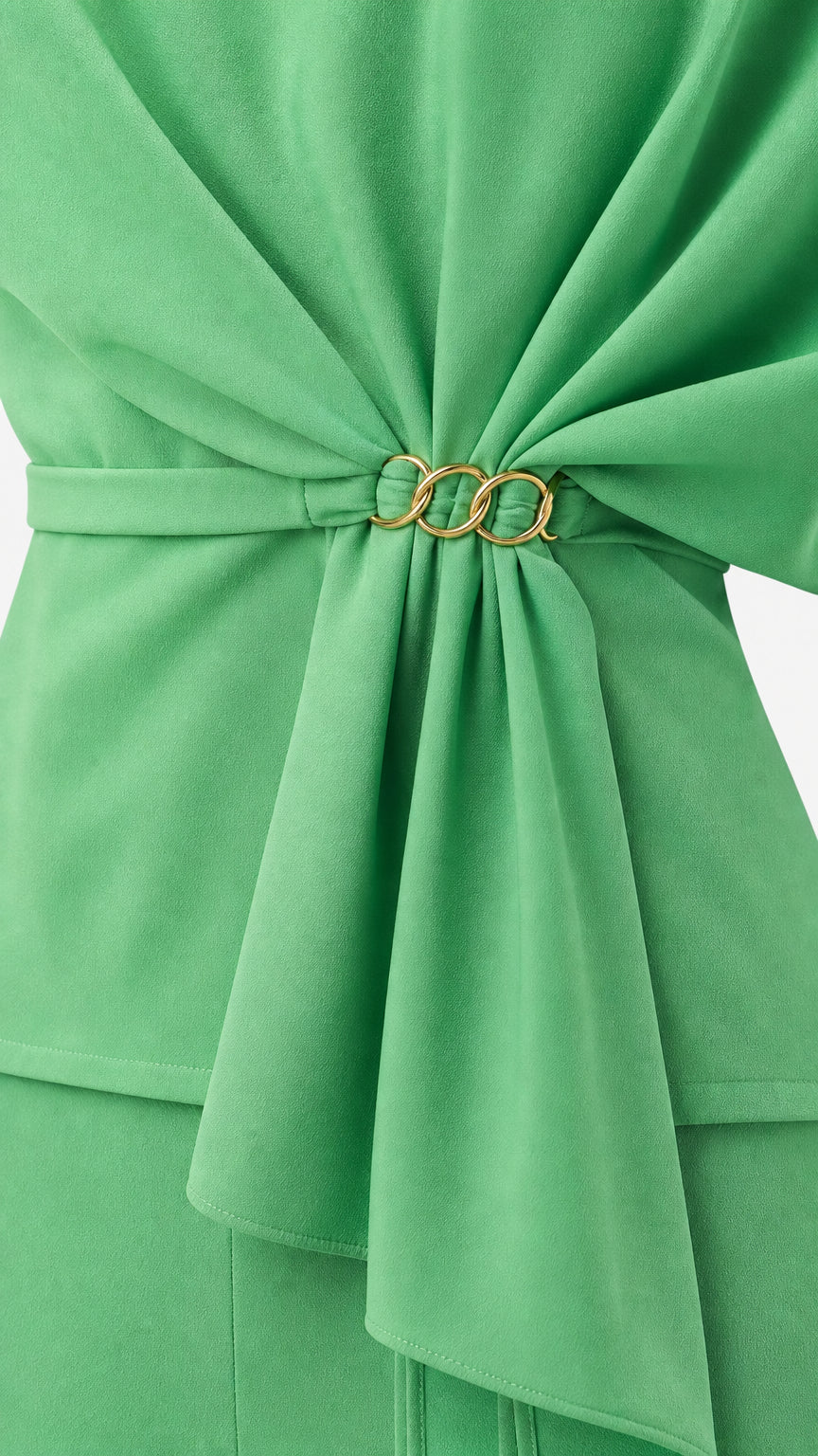 Close up of ring-accented draped waist detail