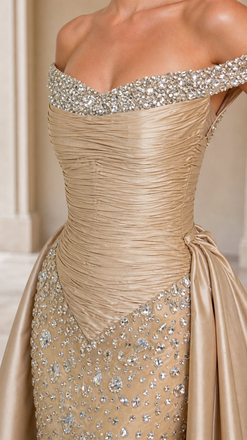 Close-up detail of crystal-beaded off-the-shoulder neckline and ruched bodice in Champagne