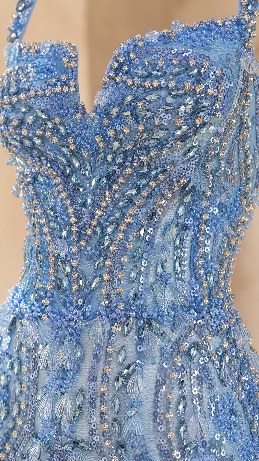 Close-up detail of intricate blue sequins and bead embellishments on bodice