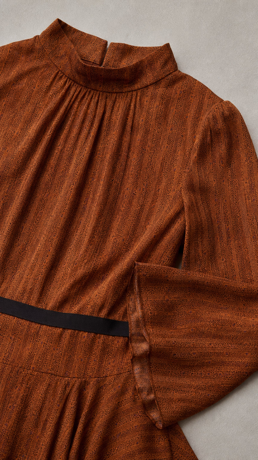 Close-up detail of textured fabric, mock neckline, and waistline on rust maxi dress