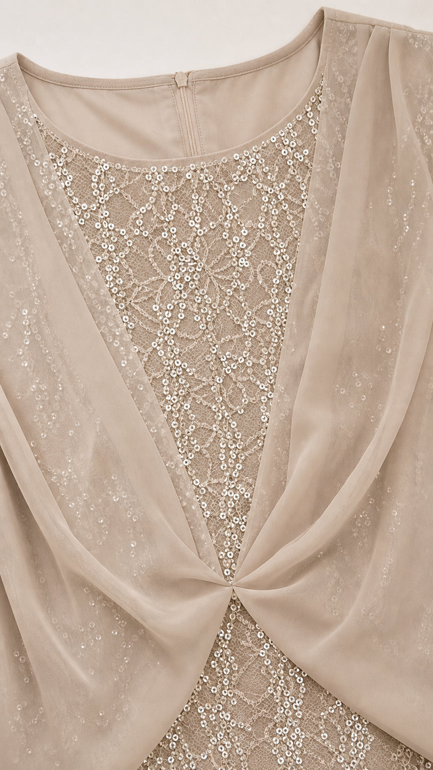 Close-up detail of champagne sequin lace bodice and center-twist chiffon fabric