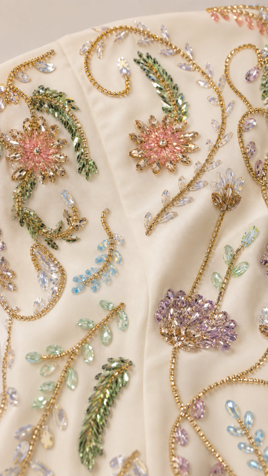 Close-up detail of delicate multicolor floral beadwork and embroidery on corset bodice
