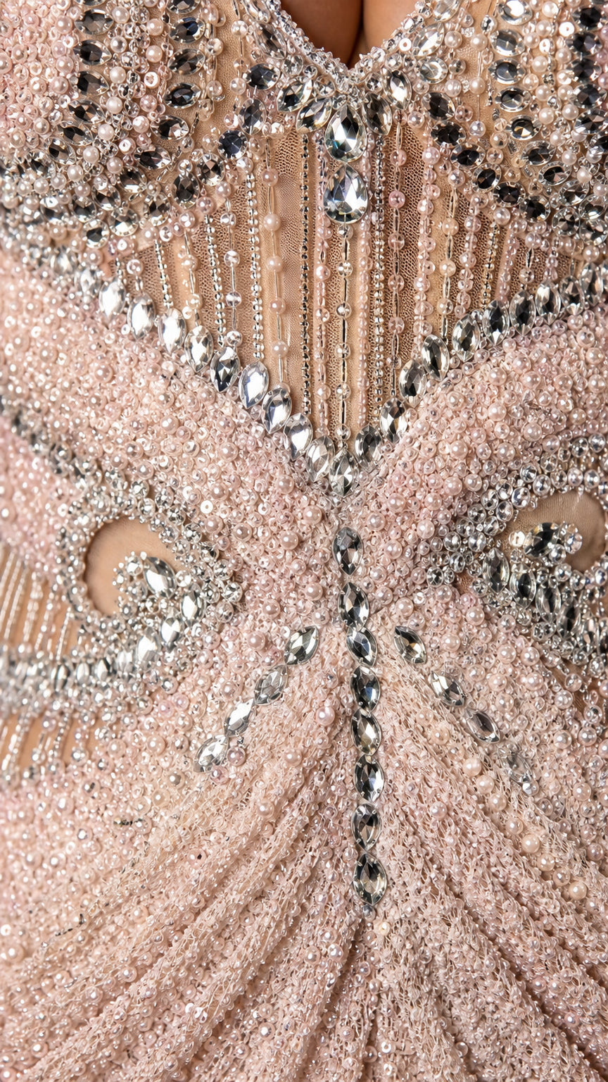 Close-up of sparkling blush embellishment, rhinestone-like details, and ruched gown texture