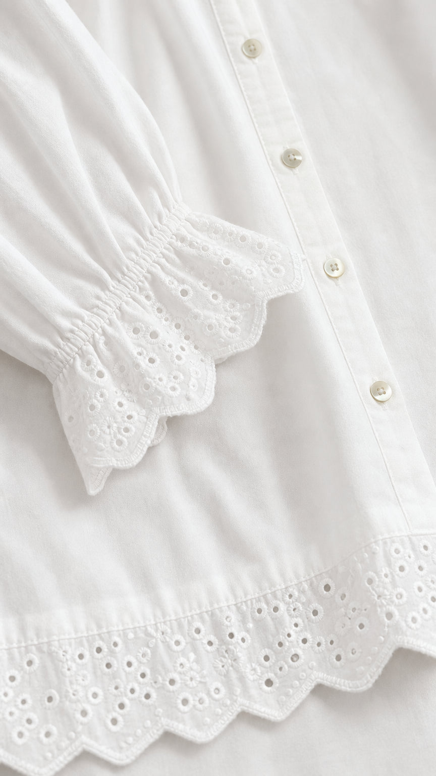 Close-up detail of white eyelet embroidered lace trim, scalloped hem, and buttons