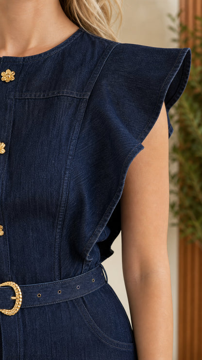 Close-up of flutter sleeve, gold button details, and belt on Dark Blue denim dress