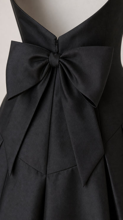 Close-up detail of the back zipper and bow on the black gown