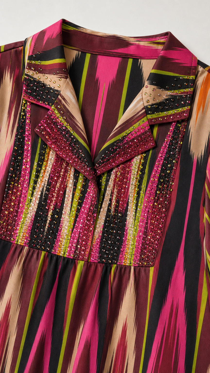 Close-up detail of rhinestone embellished split lapel neckline and yoke