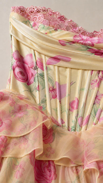 Close-up detail of sweetheart neckline, boned bodice, and lace trim