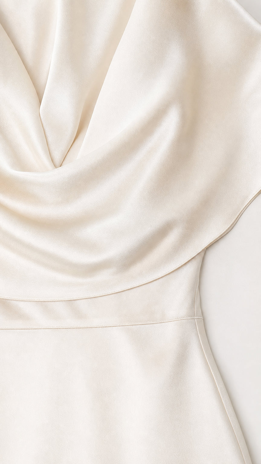 Close-up detail of smooth ivory satin fabric and draped cowl neckline