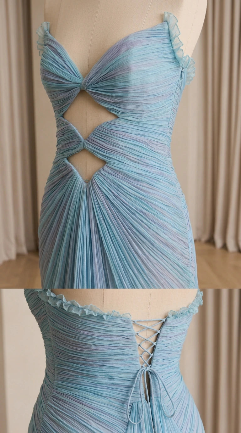 Close-up details of bodice cutouts and back lacing