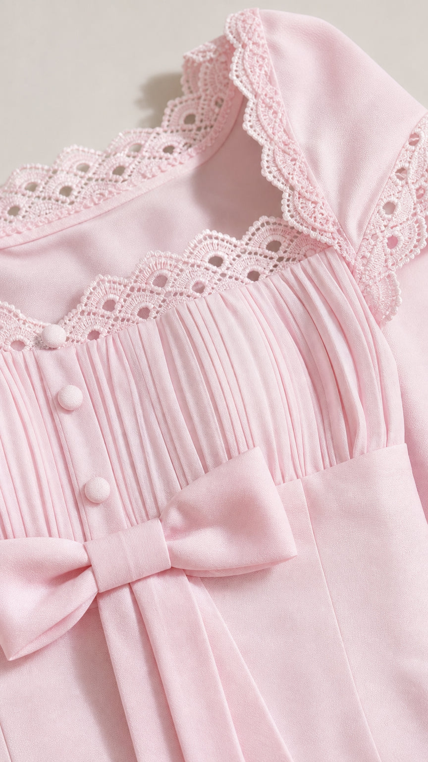 Close-up detail of blush pink pleated bust, delicate scalloped lace neckline, and front bow sash