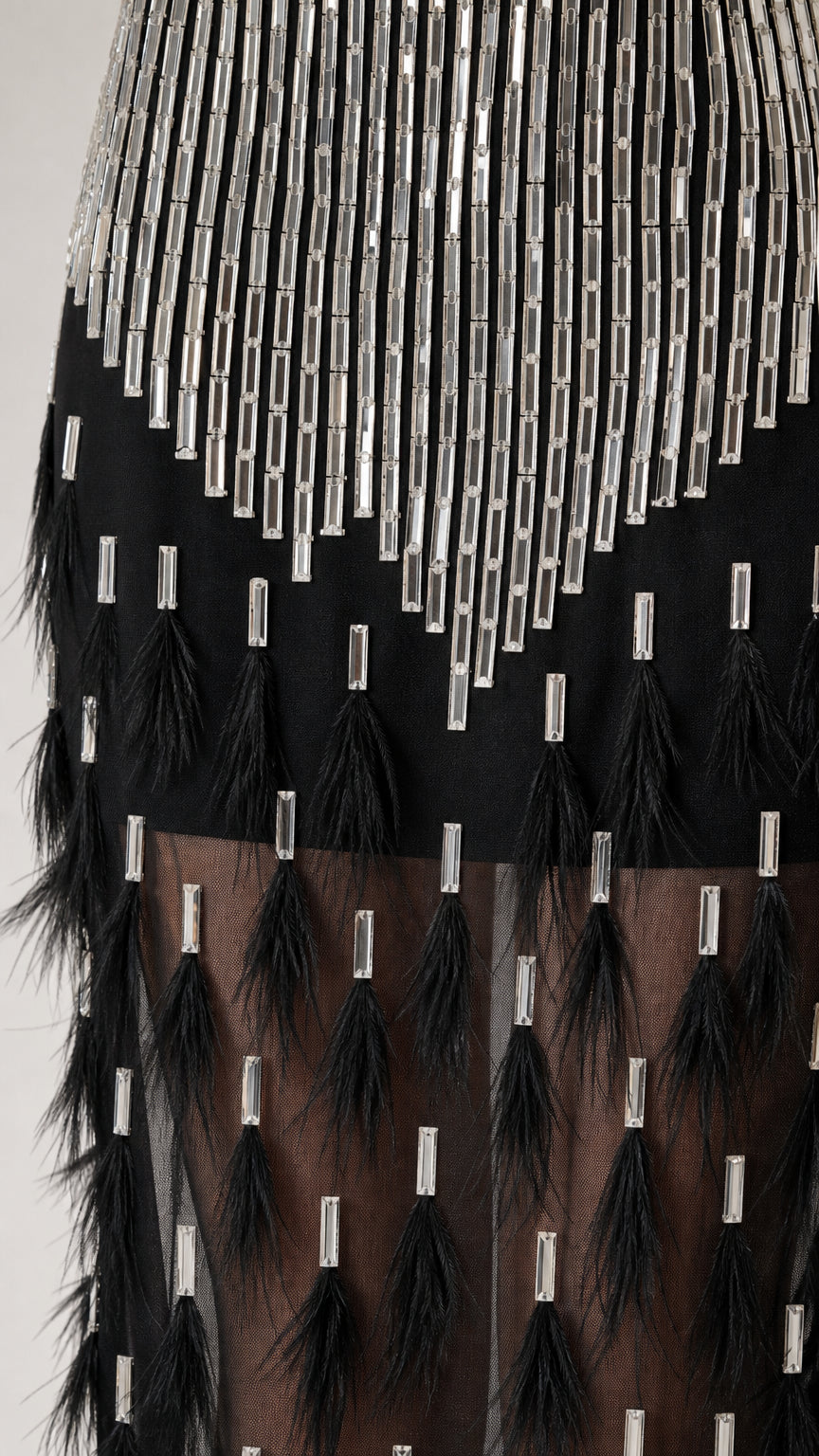 Close-up detail of silver crystal beading and black feather trim
