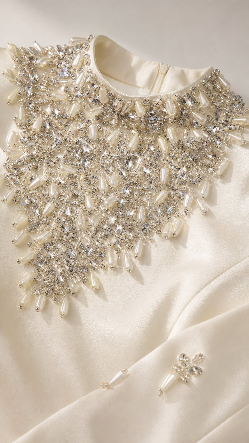 Detailed close up of pearl and crystal bead embroidery on the neckline