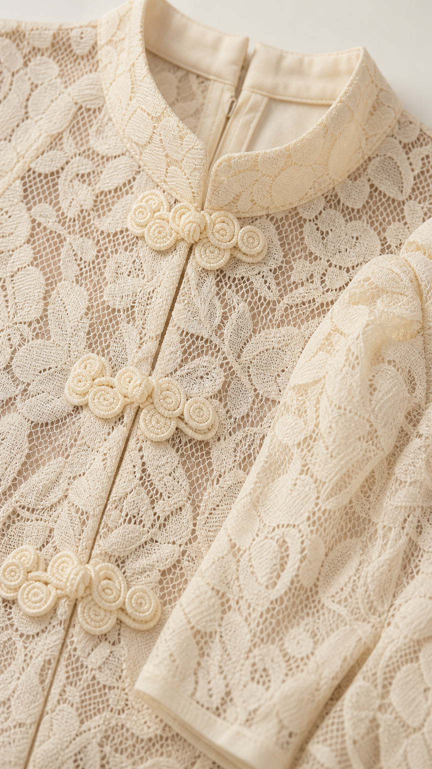 Close-up detail of cream lace fabric, stand collar, and knotted frog buttons