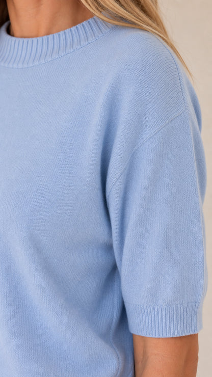 Close-up detail of light blue knit sweater texture and ribbed neckline