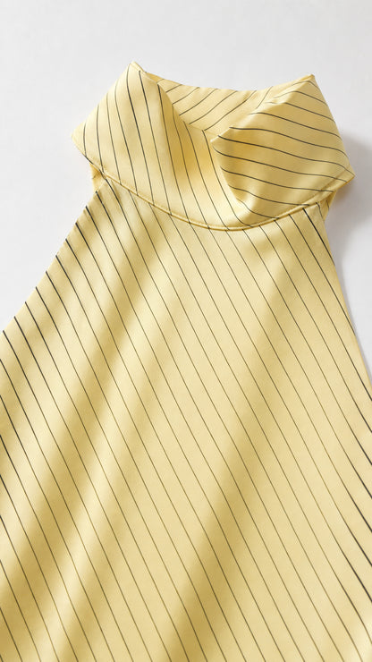 Close-up of yellow striped textured fabric and collar detail