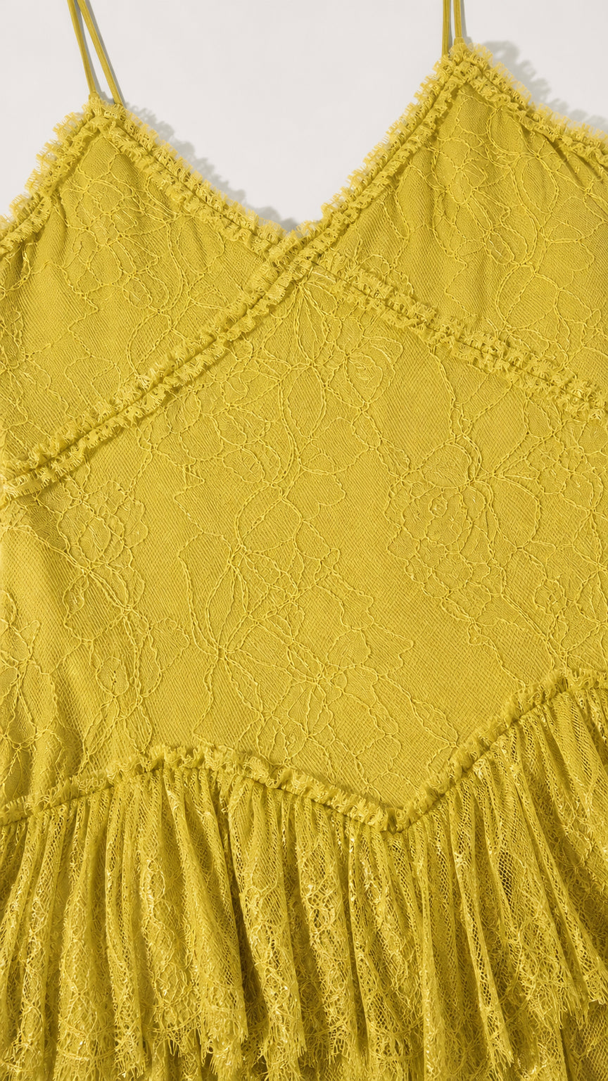 Close-up detail of textured lace fabric and V-neckline in chartreuse