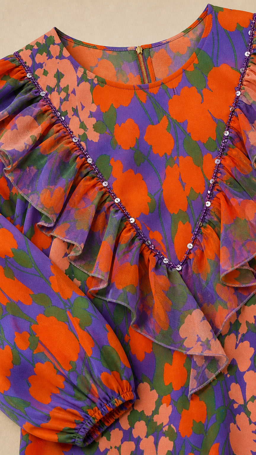 Close-up detail of purple floral fabric, ruffled neckline, and delicate sequin trim