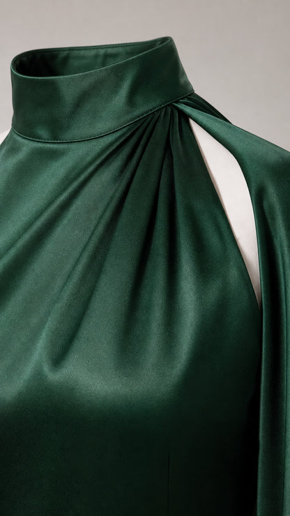 Close-up detail of mock neckline and shoulder gathering