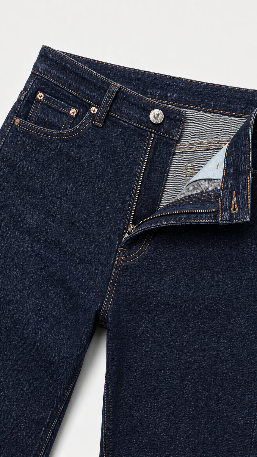 Close up view of front zipper fly, metal button, and coin pocket on dark indigo denim