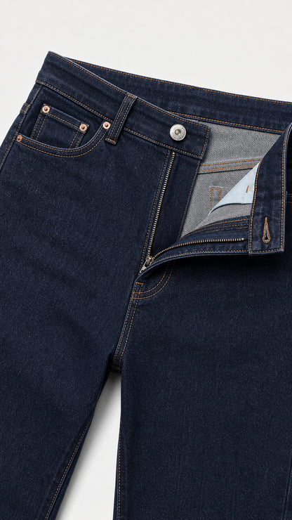 Close up view of front zipper fly, metal button, and coin pocket on dark indigo denim