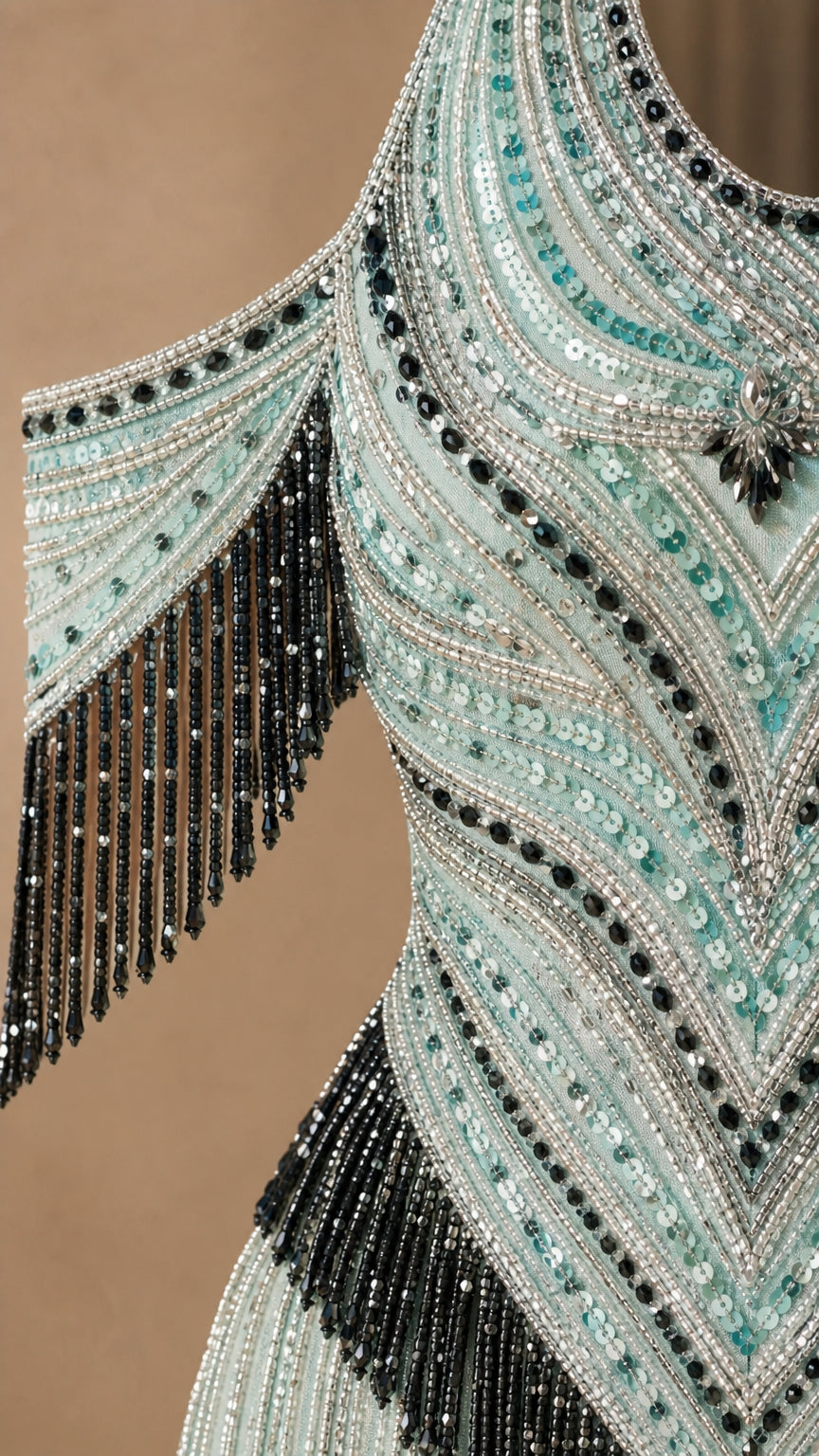 Close-up detail of mint evening gown beadwork and fringe