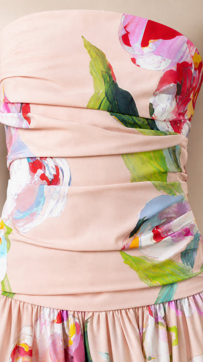 Close-up detail of pleated bodice and floral print