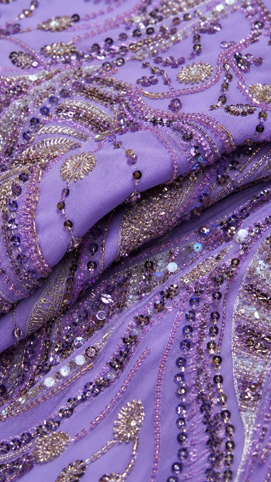Close-up detail of intricate purple and silver sequin and bead embroidery on mesh fabric