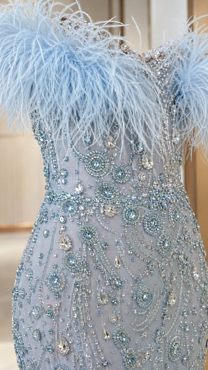 Close-up detail of rhinestone beadwork and feather trim