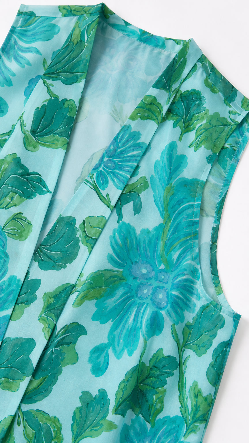 Close-up detail of turquoise floral print fabric and neckline