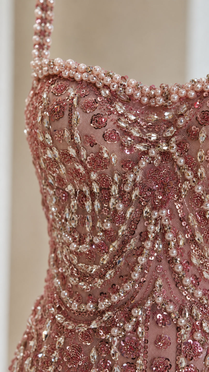 Close-up detail of beaded neckline and sequins on Dusty Rose dress