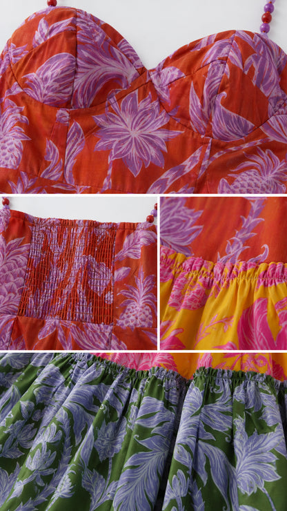 Close-up details of sweetheart bodice, smocked back, and fabric tiers