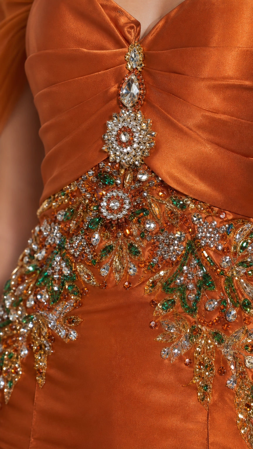 Close-up of intricate rhinestone and crystal beadwork on the bodice