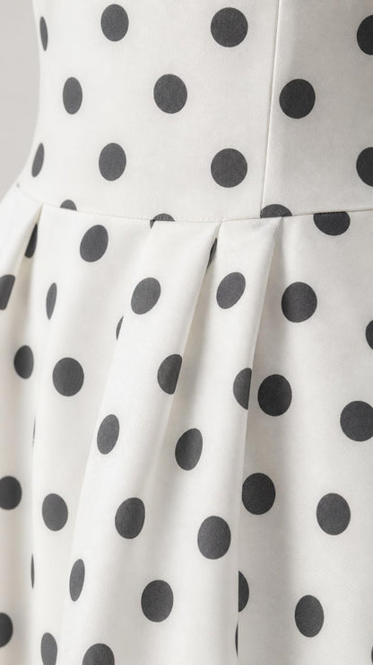 Close up of pleated waist and polka dot fabric detail