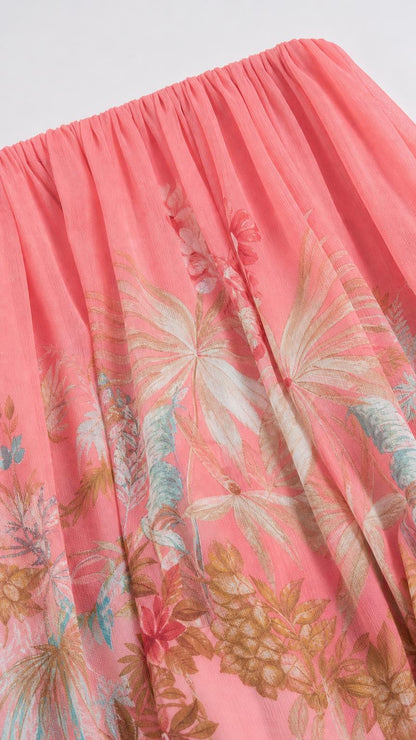 Close-up of pleated fabric texture and pink floral print